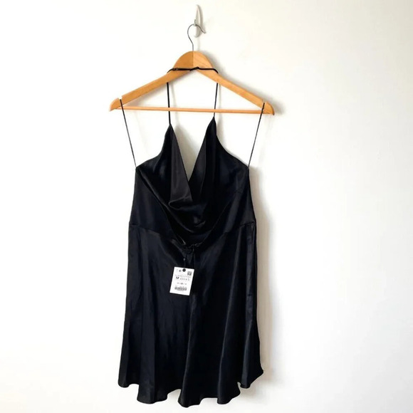 Zara Satin Effect Fluid Cowl Neck Mini  Dress NWT Black Size Medium - Picture 7 of 9